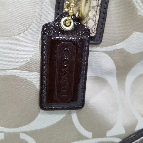 Coach Designer Collette Gold/Brown Embossed Snake Skin Trim Shoulder Bag Purse - Picture 5 of 11